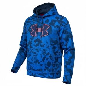 Under Armour Men’s L Blue Camo Pullover Loose Fit Hoodie with Red-Trim Logo